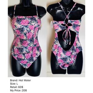 Hot Water Black One Piece Swimsuit Large Strappy Back Cheeky Floral pink New